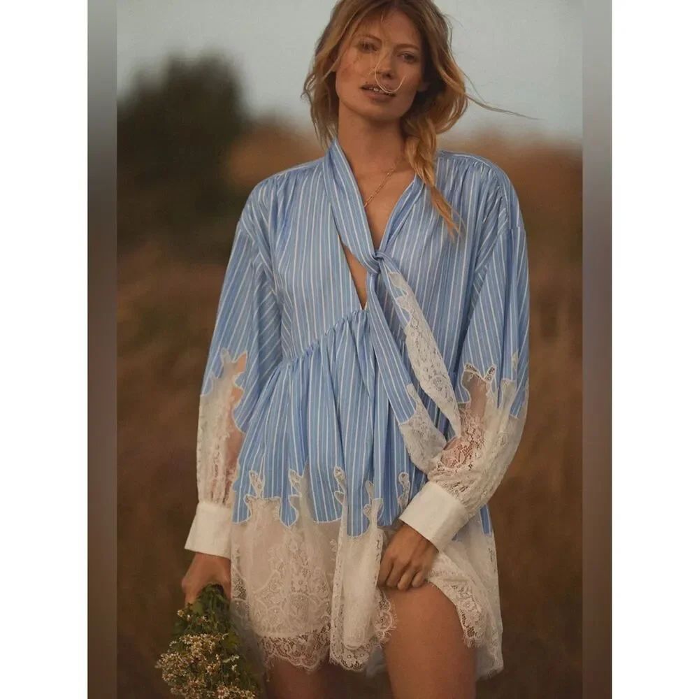 New Anthropologie Maeve V-Neck Ombre Lace Mini Shirt Dress Size 6